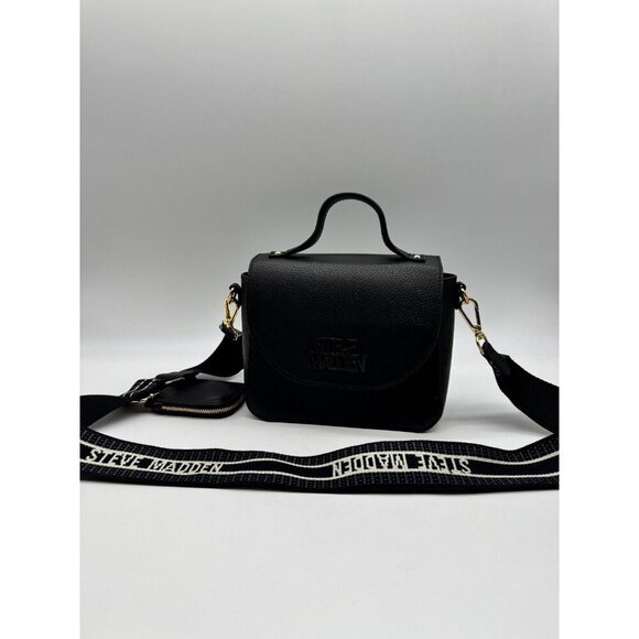 STEVE MADDEN flap satchel crossbody web strap + mini cardcase -Black 2 Piece set - Picture 3 of 11